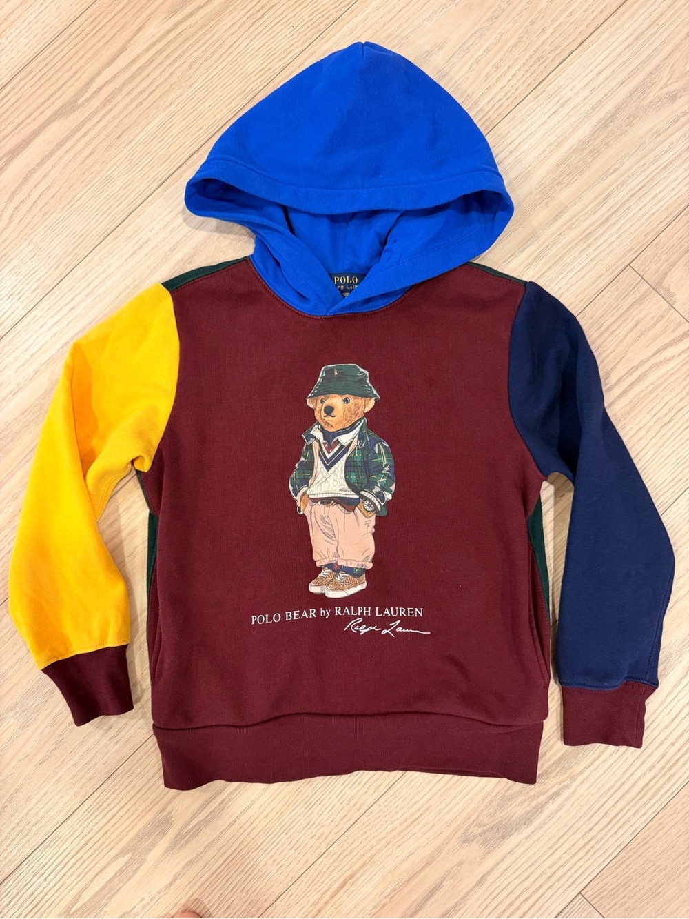Kids Polo by Ralph Lauren Colorblock Polo Bear Hoodie in Burgundy, Blue, Yellow